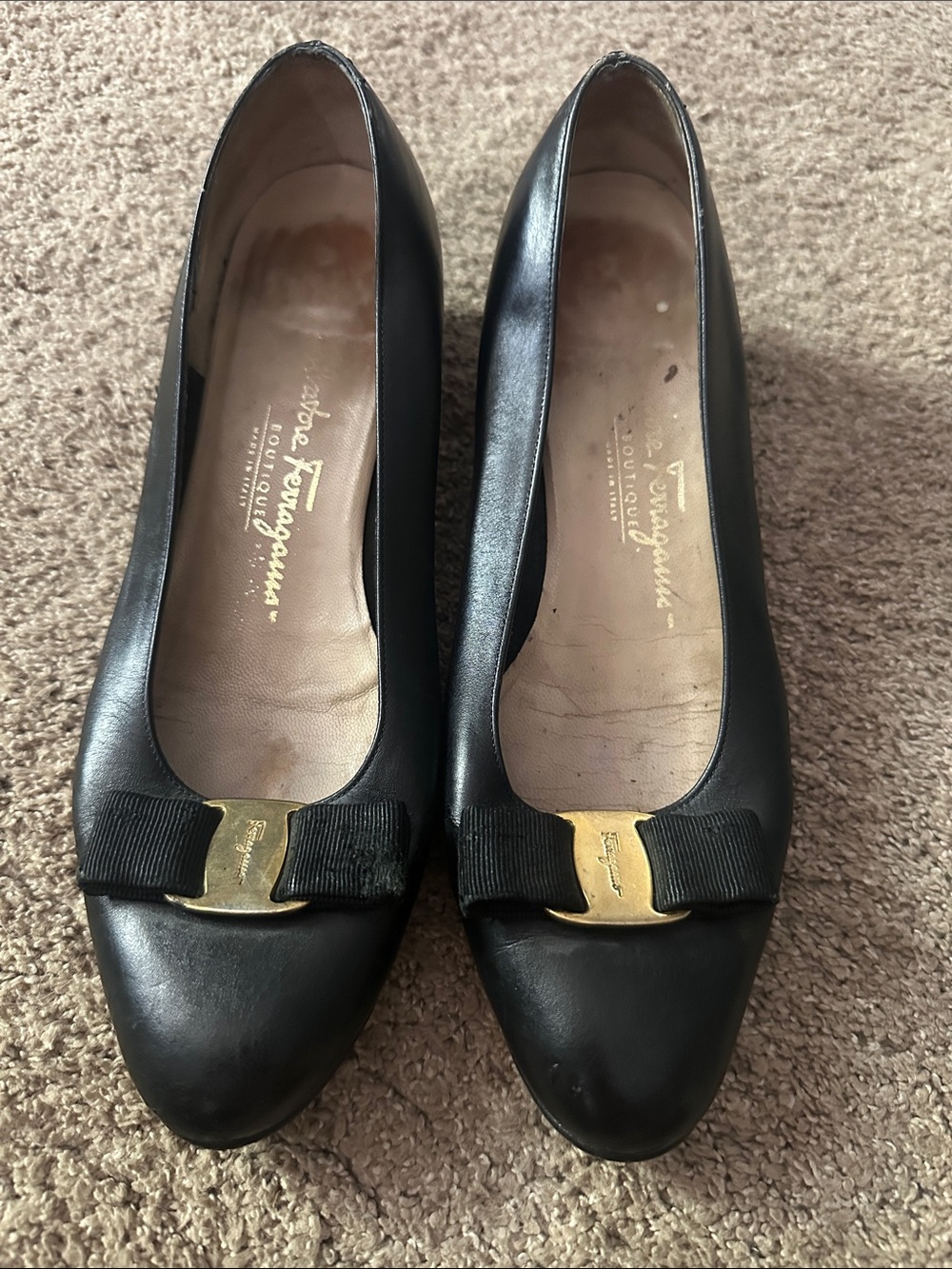 Salvatore Ferragamo Black Leather Vara Bow Flats with Gold Accent